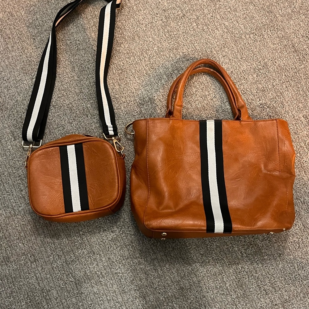 Social Threads Stripe Tote bag with matching camera bag style crossbody